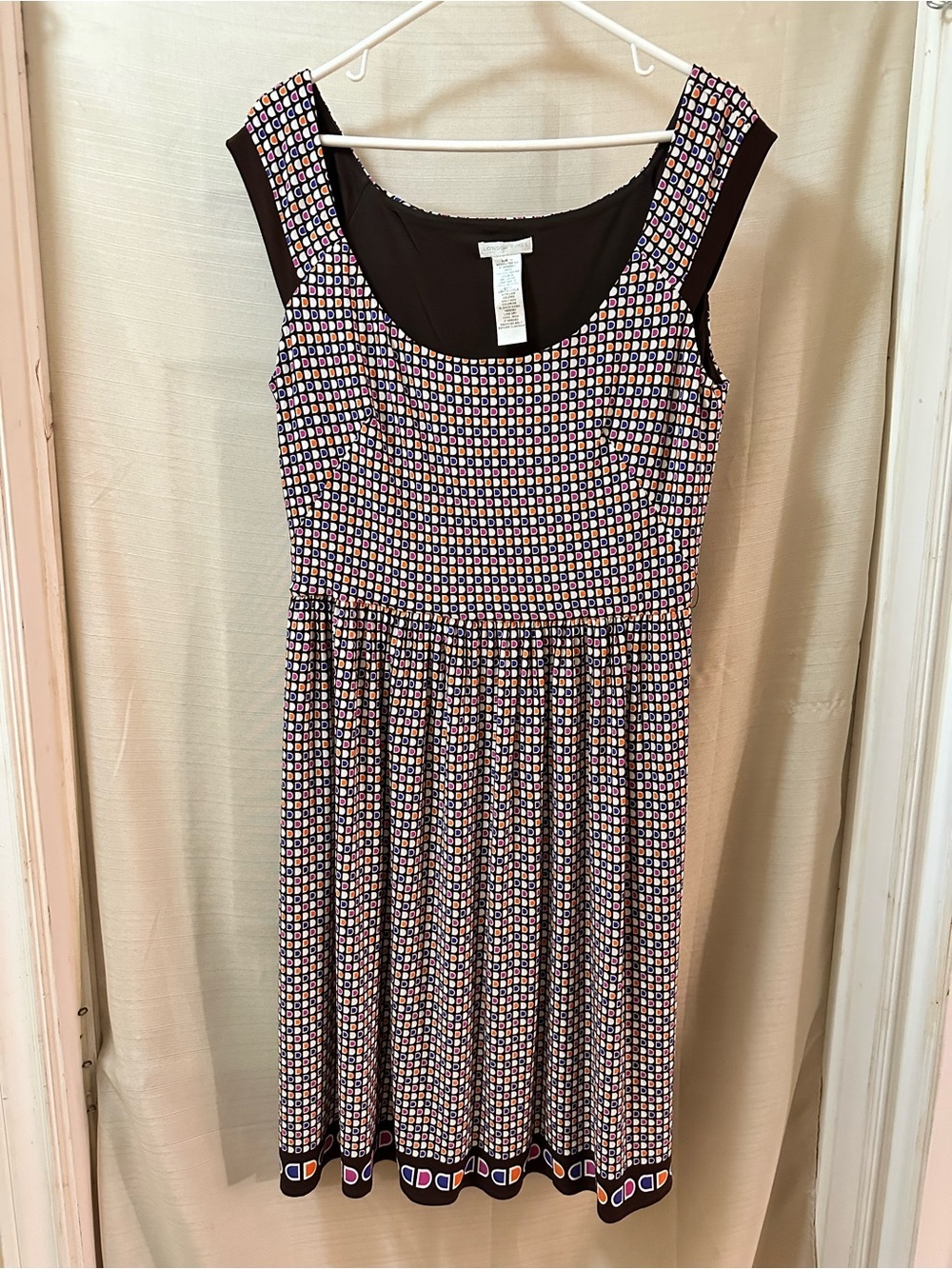 London Times Geometric Print Fit & Flare Dress Brown Retro Size 14 Midi